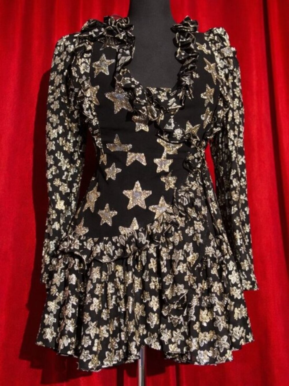 LoveShackFancy Black Mini Dress with Gold Metallic Star Embellishment